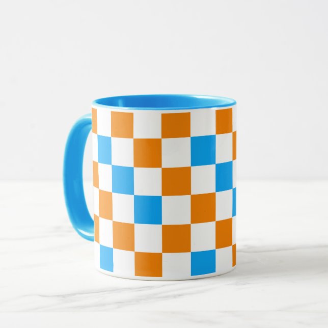 Orange Vit Blå Rutig Mönsterdesign  Mugg (Framsida vänster)