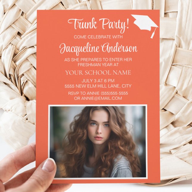 Orange Vit Examen Hatt Trunk Party Foto Inbjudningar (Orange graduation Trunk Party photo invitation)
