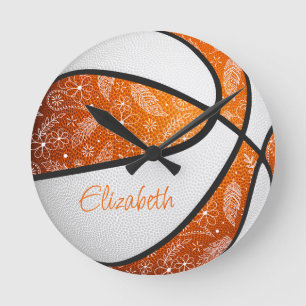 orange vit fjäder paisley klotter basketboll rund klocka