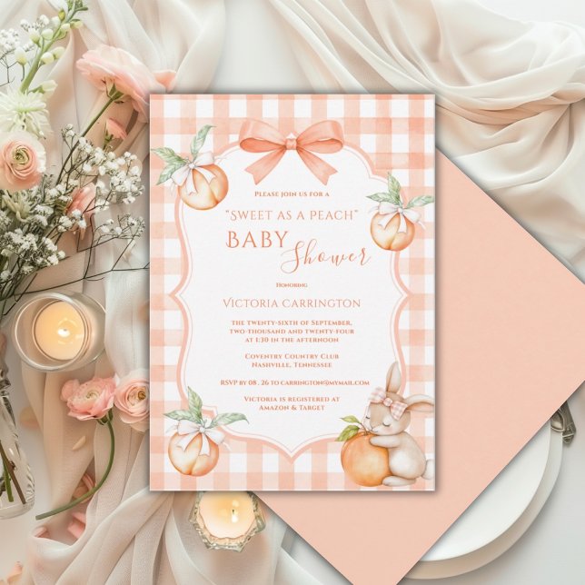 Orange Vit Gingham Söt som en Persika Barnkalas Inbjudningar (Skapare uppladdad)