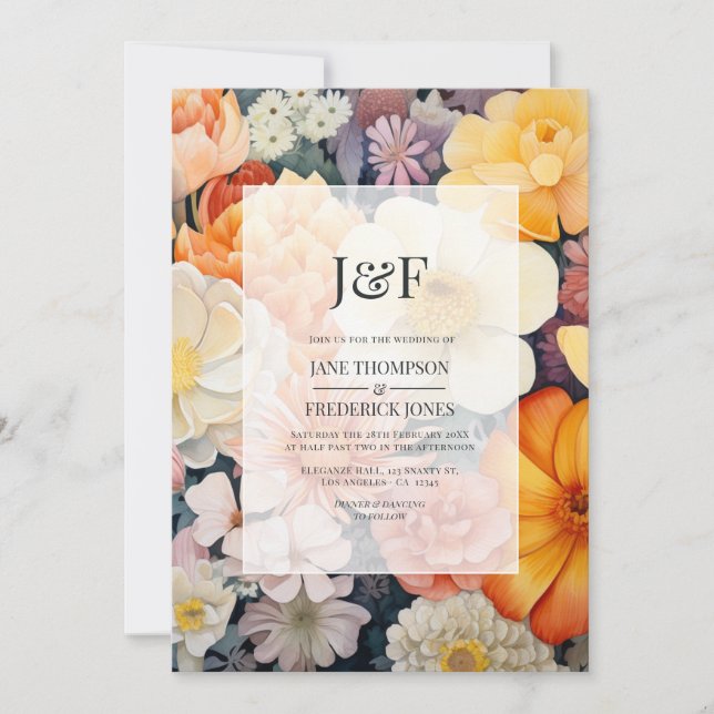Orange, vit och gullviss blomsterbröllop inbjudningar (Framsida)