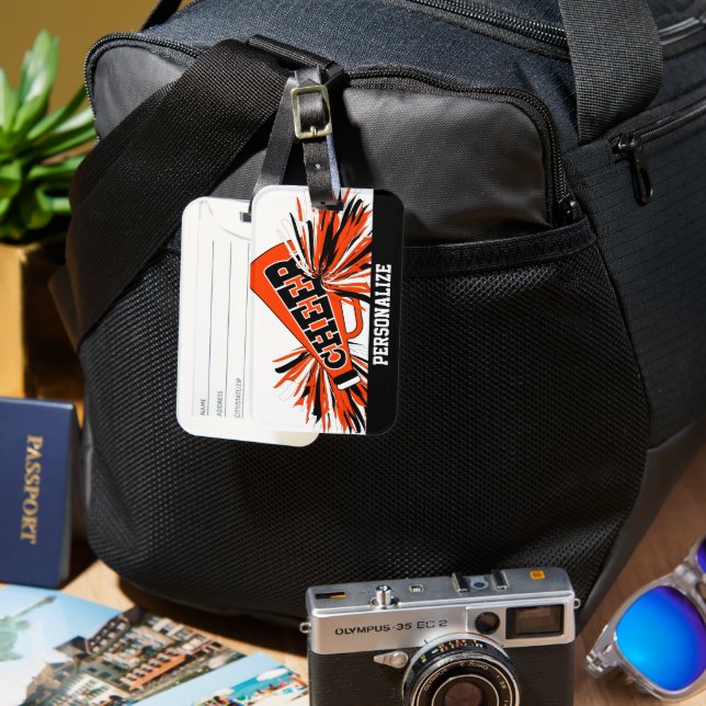 Orange, vit och svart magisterlacksetikett bagagebricka (Framsida & Baksida)