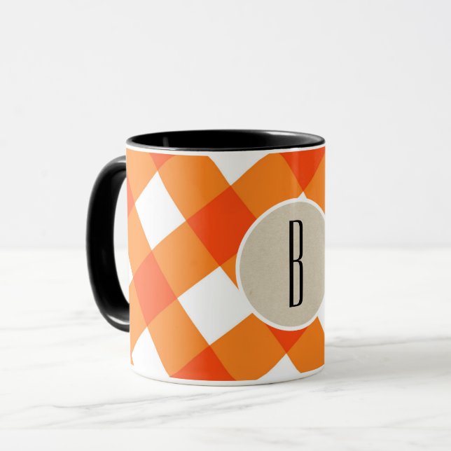 Orange Vit Plaid Kraft Rustik Monogram Initial Mugg (Framsida vänster)