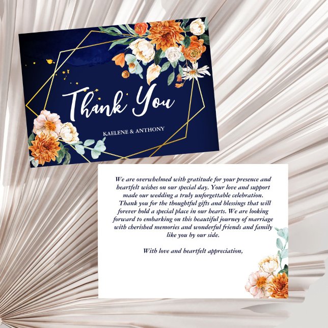 Orange vit ros bröllop tack kort (Navy blue orange white roses gold geometrical frame wedding thank you cards)