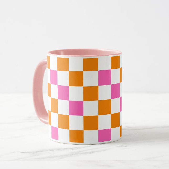 Orange Vit Rosa Rutig Mönsterdesign  Mugg (Framsida vänster)