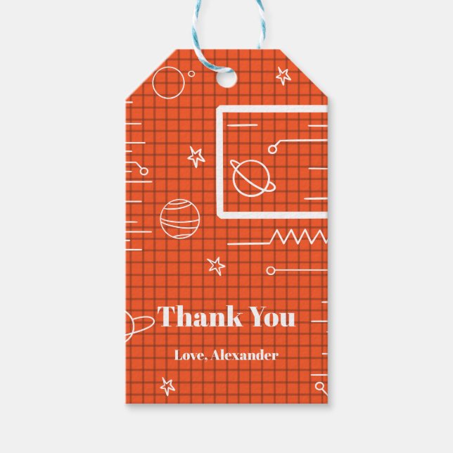 Orange Vit Rymdskeppsskärm Utrymme Tema Födelsedag Presentetikett (Framsidan)