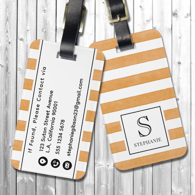 Orange & Vit Vattenfärg Ränder Mönster Monogram Bagagebricka (Skapare uppladdad)
