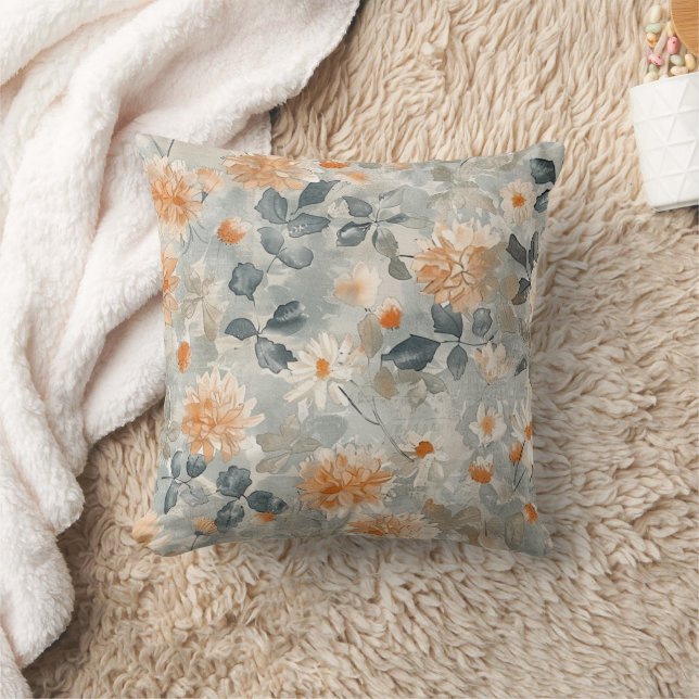 Orange Vita Blommor Blå Blad Kudde (Filt)
