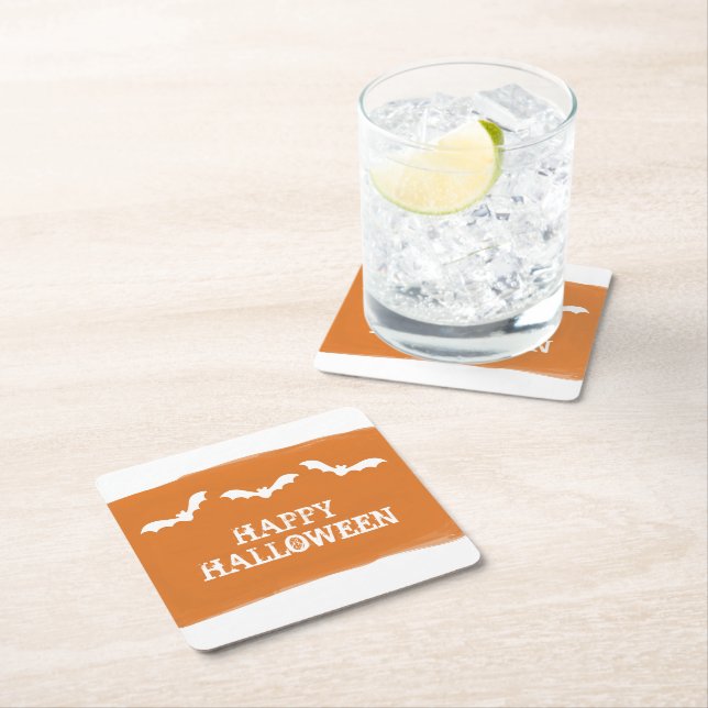 Orange Vita vattenfärgsfärgade Fladdermöss Hallowe Underlägg Papper Kvadrat (Insitu)