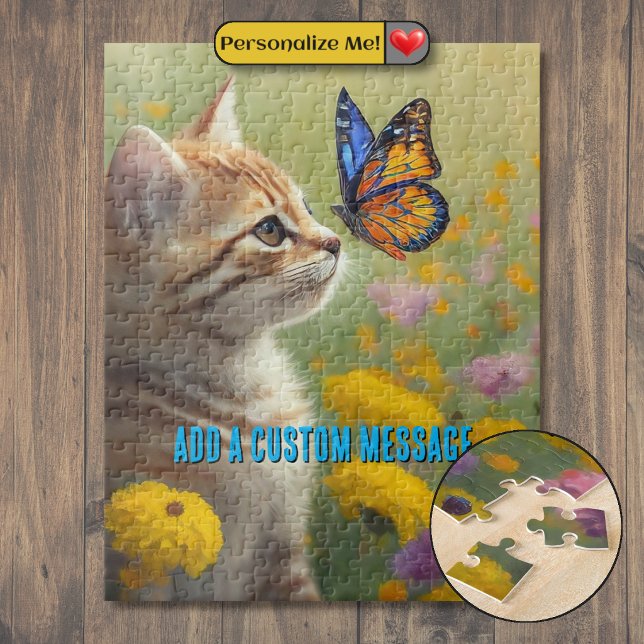 Orange Vitt Kattunge Färgglad Fjäril Pussel (Orange White Kitten Colorful Butterfly Jigsaw Puzzle)