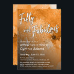 Orange Watercolor Glitter 50 och Fabulous Inbjudningar<br><div class="desc">Den här designen gäller för de nya 50-åringarna, vars stil är lite mer avslappnad och lite mer konstnärligt än några av de traditionella Big Fem 0-erbjudandena. Orden "femtio och Fabulous" återges i ett modernt, handskrivet teckensnitt med avslappnad och en fet skugga lades till. Bilden lades till överst på kortet, roterades...</div>