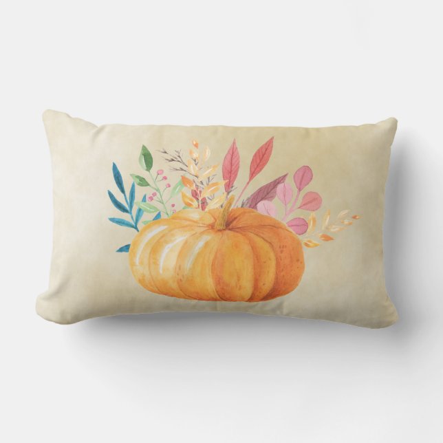 Orange Watercolor Pumpa Höstsäsong Lumbarkudde (Framsida)