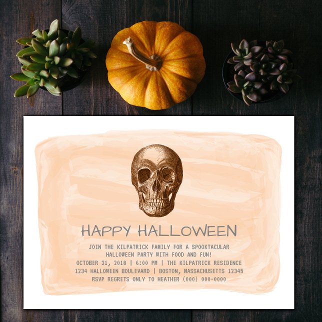 Orange Watercolor Skull Halloween fest Inbjudan (Orange Watercolor Skull Halloween Party Invite)