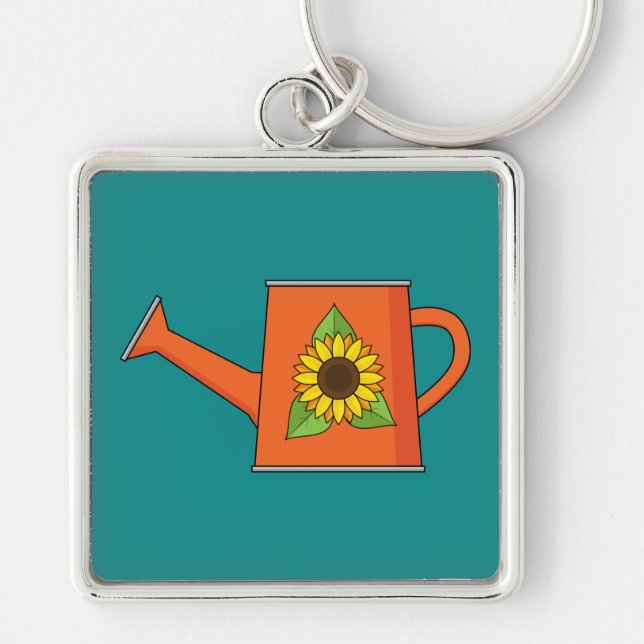 Orange Watering Can med solros Fyrkantig Silverfärgad Nyckelring (Framsidan)