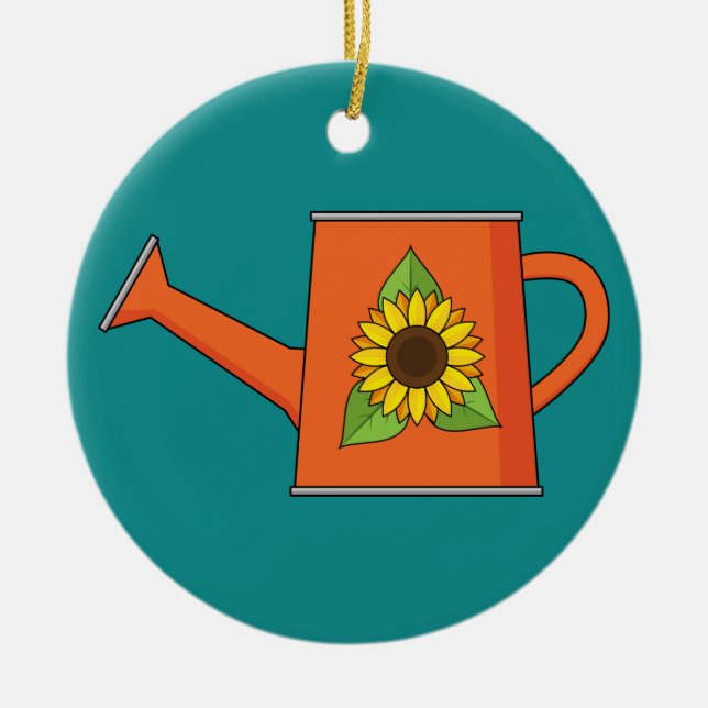Orange Watering Can med solros Julgransprydnad Keramik (Framsidan)