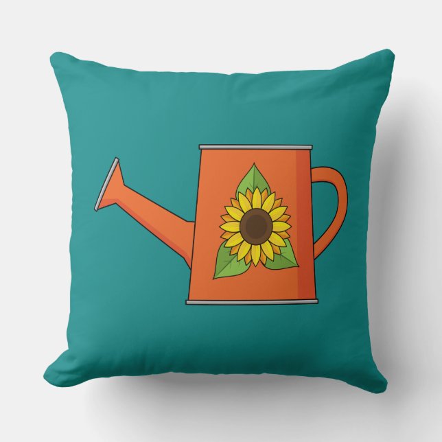 Orange Watering Can med solros Kudde (Framsida)