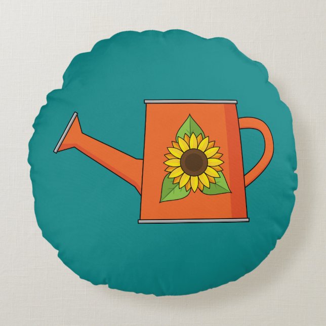 Orange Watering Can med solros Rund Kudde (Framsidan)