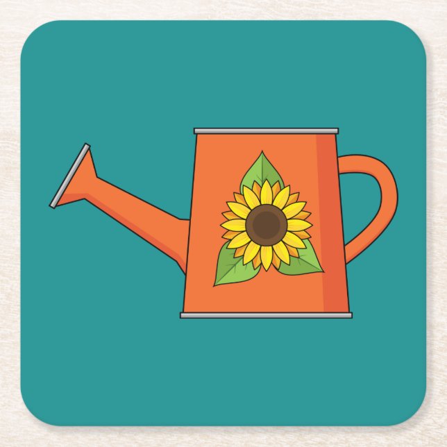 Orange Watering Can med solros Underlägg Papper Kvadrat (Framsidan)