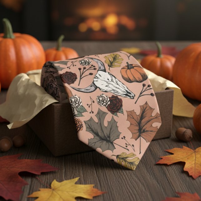 Orange Western Bull Skull Land Slips (Modern Orange Thanksgiving Foliage Mens Tie. Fall Harvest, Cow Skull, Leaves Pattern. Autumn Colors.)