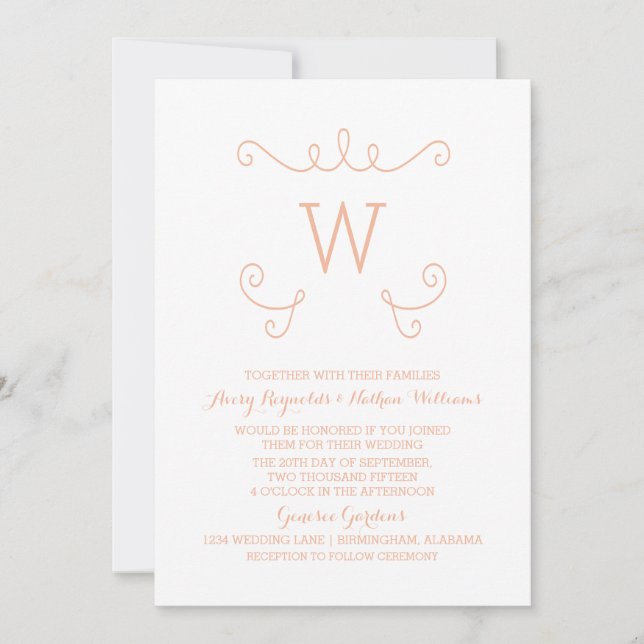 Orange Whimsique Flourish Monogram Wedding bjudand Inbjudningar (Framsida)
