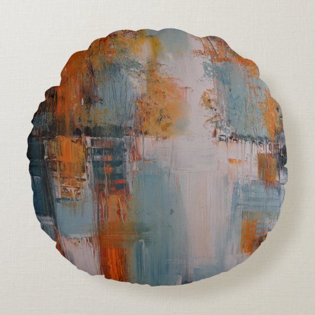 Orange, white, and teal abstract painting rund kudde (Framsidan)