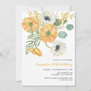 Orange & White Anemone Greenery Birthday Inbjudningar