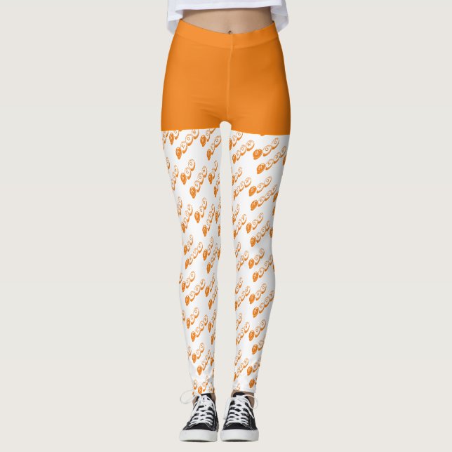 Orange White Boo Typography Mönster Halloween Leggings (Framsida)