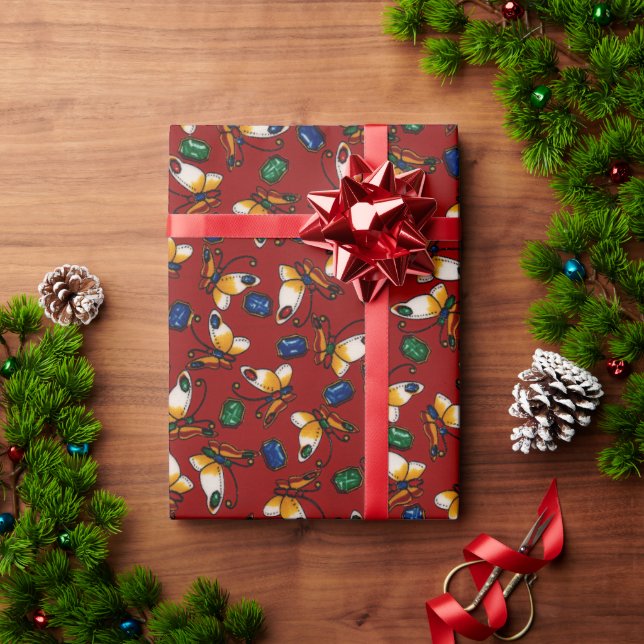 Orange white Butterflies, Emerald, Sapphire på red Presentpapper (Julgåva)