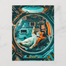 Orange white cat in spacecraft cockpit helg vykort