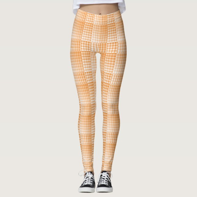 Orange White Checker Abstract Pattern Leggings (Framsida)