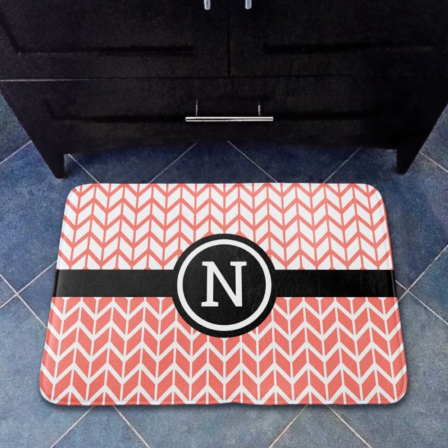 Orange White Chevron Mönster Monogram Modern modig Badrumsmatta (Skapare uppladdad)