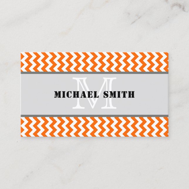 Orange White Chevron Zigzag Monogram Visitkort (Framsida)