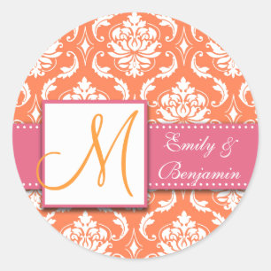 Orange White Damask Wedding Favor Sticker Rosa Runt Klistermärke