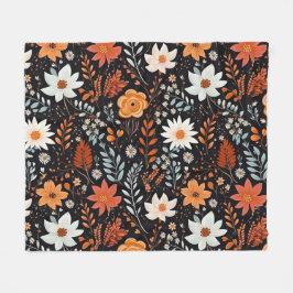 Orange White Flowers Black Fleecefilt