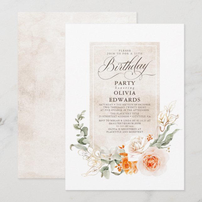 Orange White Flowers Elegant Boho Birthday Inbjudningar (Fram/baksida)