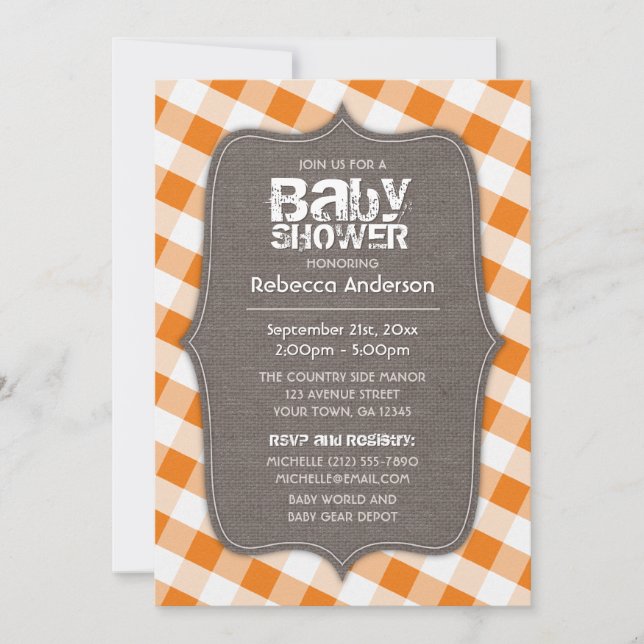 Orange & White Gingham Canvas Baby Shower Inbjudningar (Framsida)