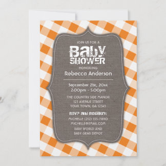 Orange & White Gingham Canvas Baby Shower Inbjudningar