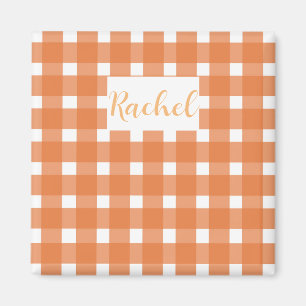 Orange White Gingham Personlig Magnet