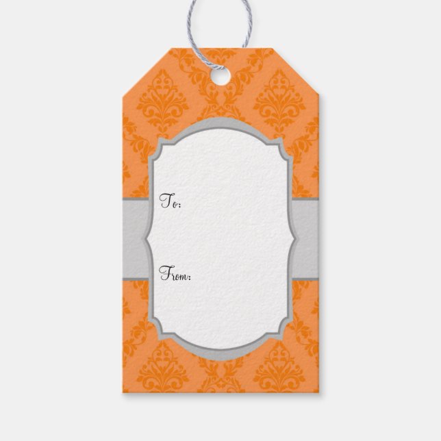 Orange White Grått Damask Gift-Märkre Presentetikett (Framsidan)