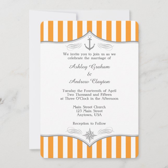 Orange White Grått Nautical Wedding bjudande Inbjudningar (Framsida)