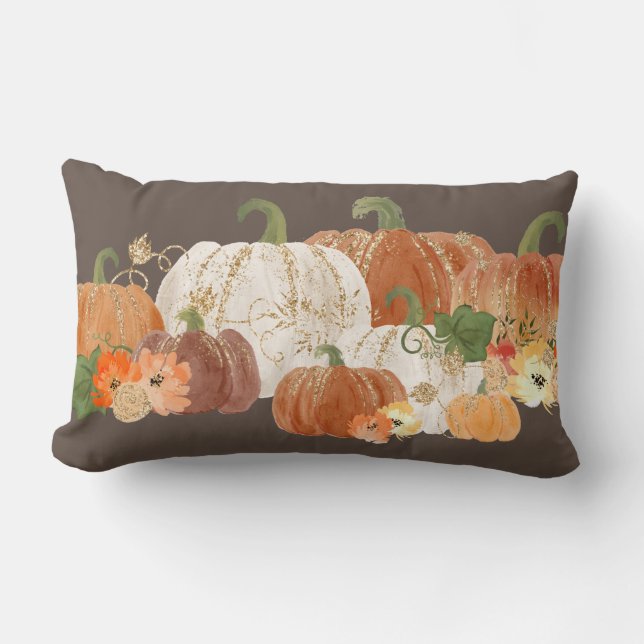 Orange White Guld Pumpkins Fall Autumn Land Lumbarkudde (Framsida)