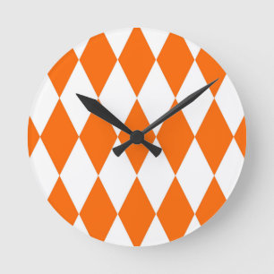 Orange White Harlequin Diamonds Checkerss Design Rund Klocka