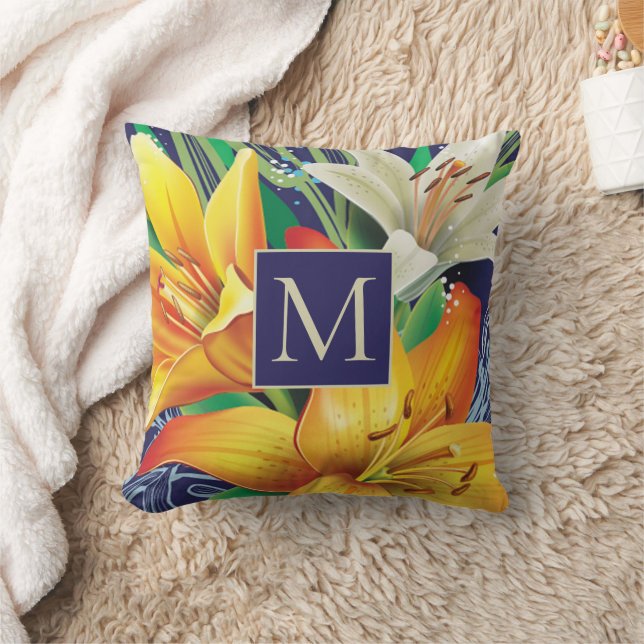 Orange White Lilies Blommigt Navy Blue Monogram Kudde (Filt)