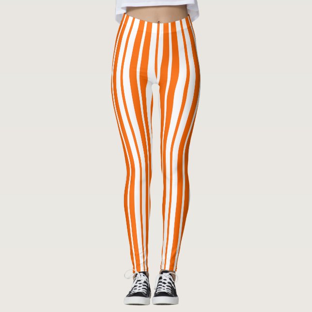 Orange White Lodrät Rand Mönster Leggings (Framsida)