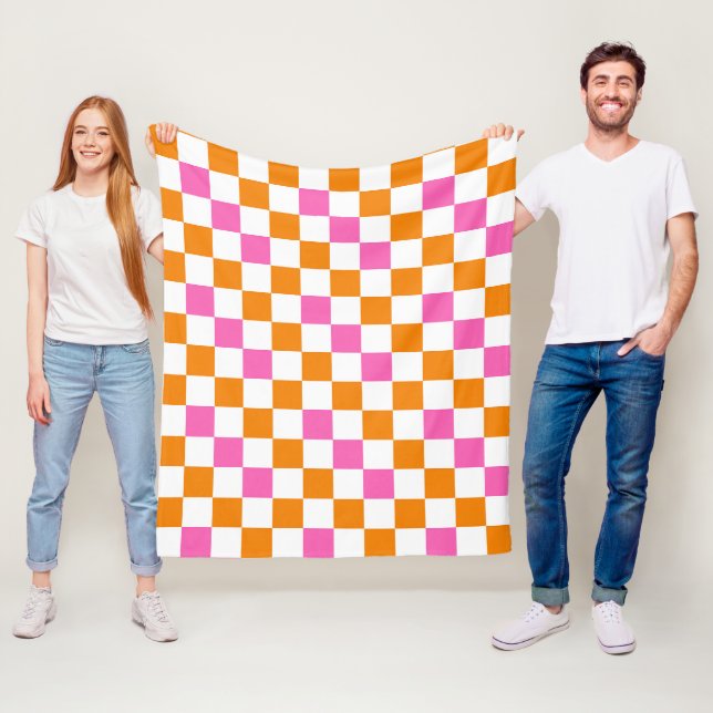 Orange White Pink Checkered Pattern Design  Fleecefilt (På plats)