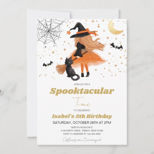 Orange Witch Halloween Birthday Inbjudningar (Framsida)