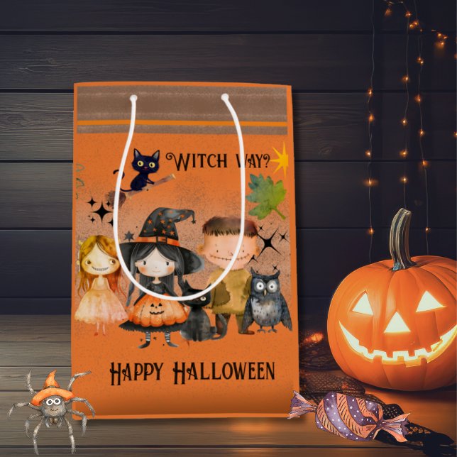 Orange Witch Way Halloween (Happy Halloween Cute Monsters Party Medium Gift Bag)