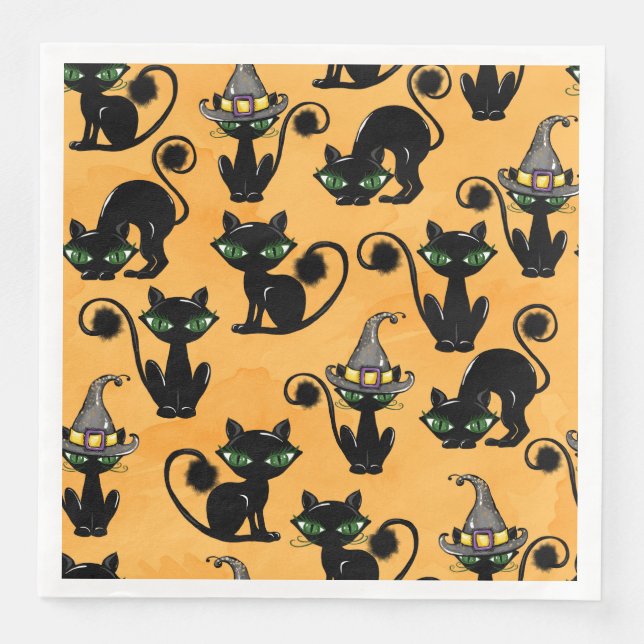 ORANGE WITH CUTE HALLOWEEN CATS WITH GREEN EYES PAPPERSSERVETT (Framsida)