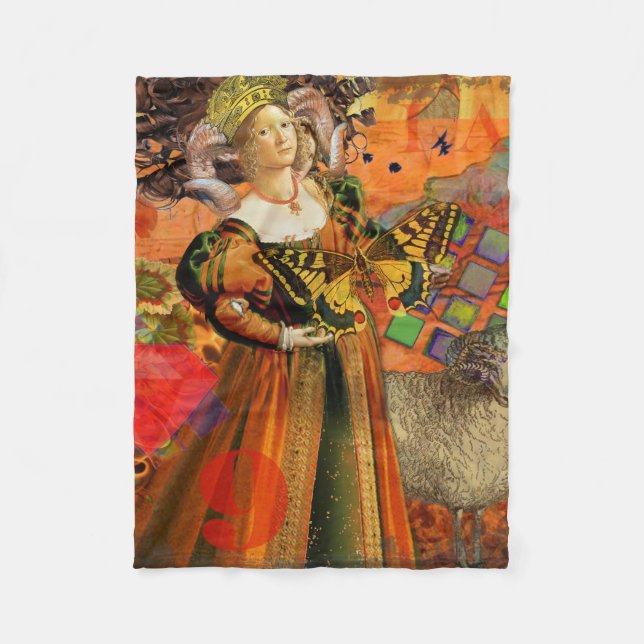 Orange Woman: Gothic Ram Antique Art Collage Fleecefilt (Framsidan)
