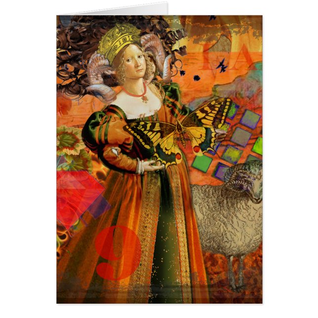 Orange Woman: Gothic Ram Antique Art Collage Hälsningskort (Framsidan)